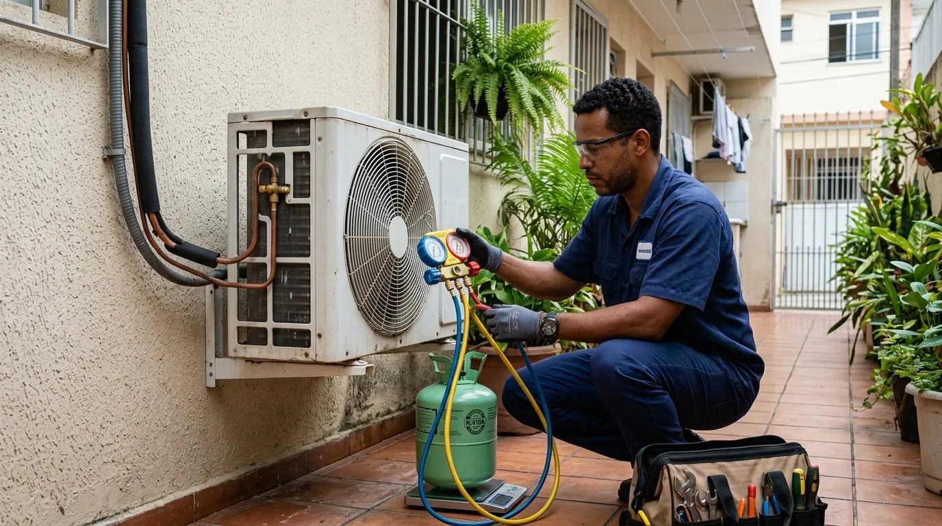 Técnico fazendo carga de gás na condensadora do ar-condicionado em Juiz de Fora‑MG