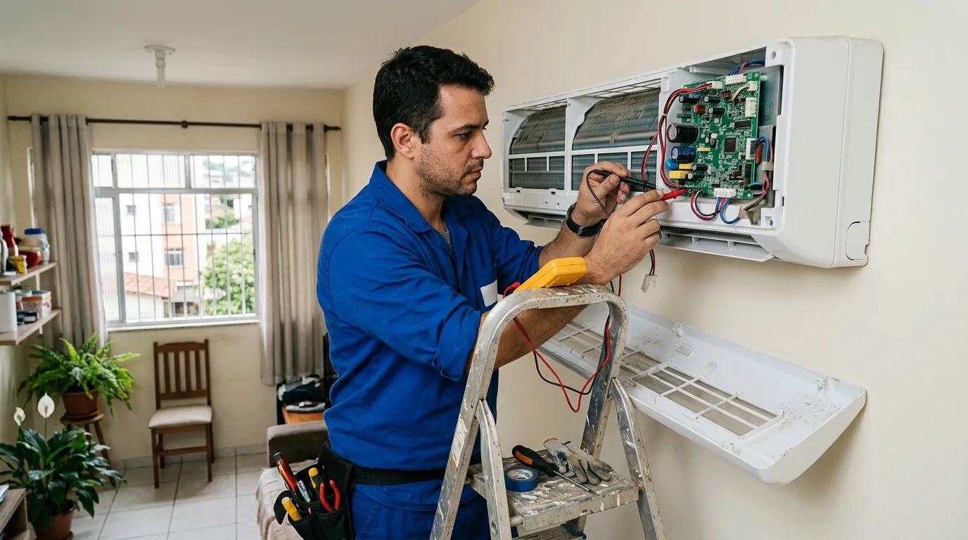 Técnico trocando a placa eletrônica de ar-condicionado split em Juiz de Fora‑MG