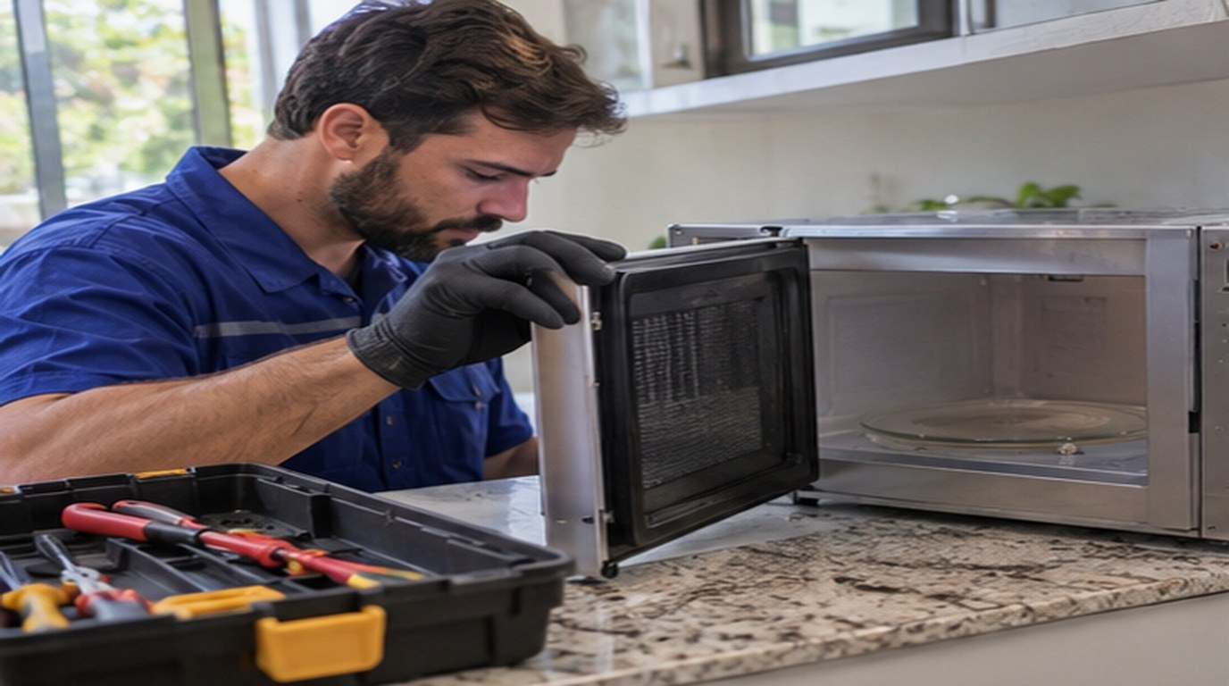 Conserto de micro-ondas em Juiz de Fora‑MG: técnico abrindo um micro-ondas de bancada