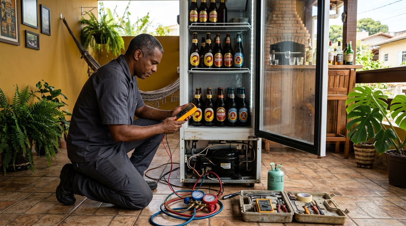 Placa eletrônica de cervejeira em reparo na bancada na Encosta do Sol, Juiz de Fora‑MG