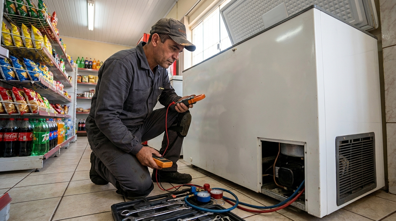 Reparo da placa eletrônica de um freezer em atendimento no Bom Clima, Juiz de Fora‑MG