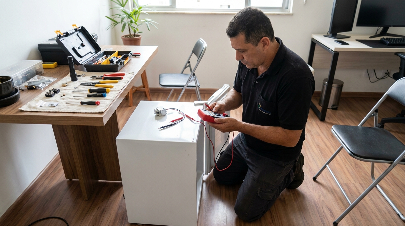 Manutenção da placa eletrônica de um frigobar na Esplanada, Juiz de Fora‑MG