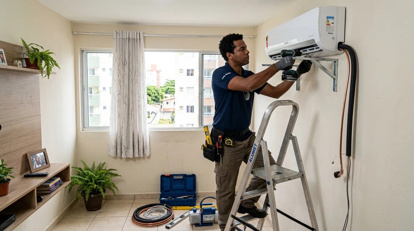 Técnico instalando ar-condicionado split em residência em Juiz de Fora‑MG