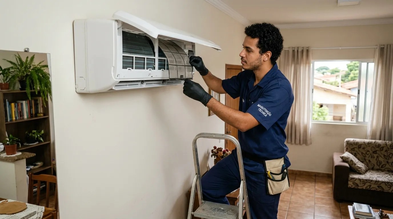 Técnico fazendo limpeza e higienização de ar-condicionado split em Juiz de Fora‑MG
