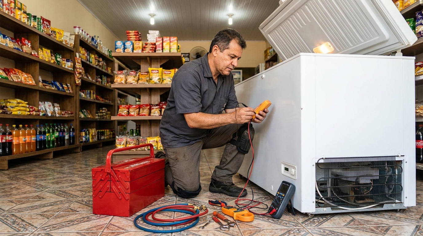 Manômetro conectado ao circuito durante recarga de gás de freezer no Bom Clima, Juiz de Fora‑MG