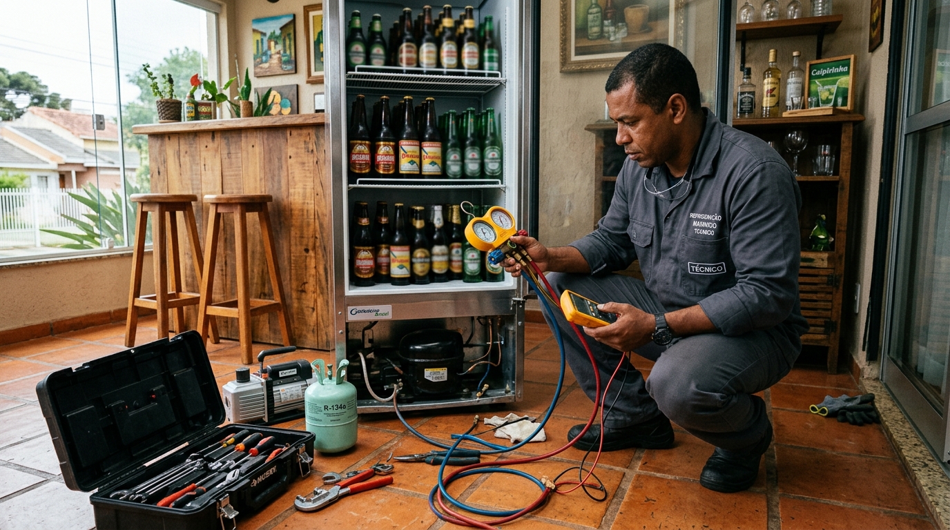Técnico conferindo a temperatura de uma cervejeira durante atendimento na Encosta do Sol, Juiz de Fora‑MG