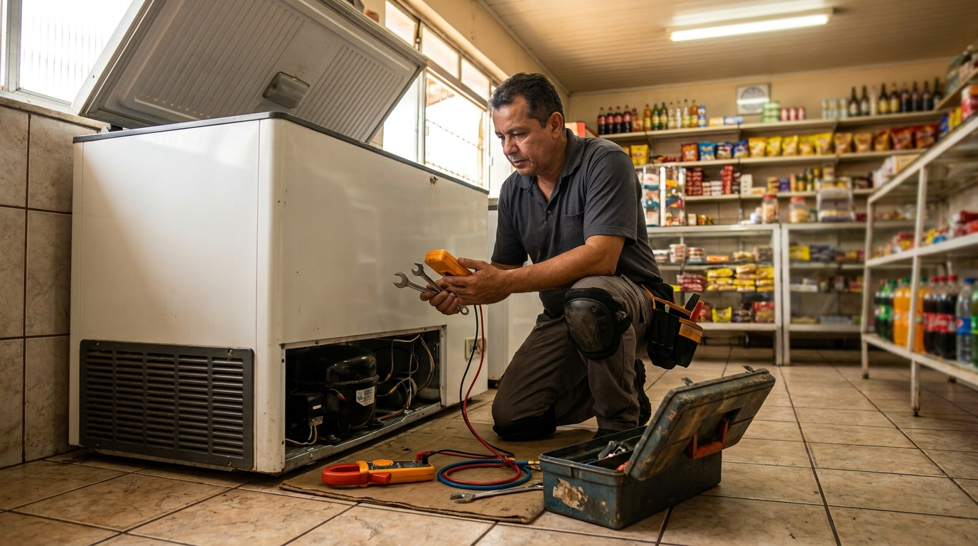 Técnico avaliando um freezer vertical durante atendimento no Bom Clima, Juiz de Fora‑MG