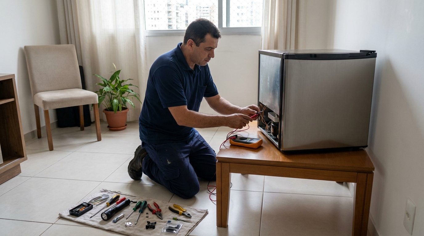 Técnico avaliando um frigobar compacto durante atendimento na Esplanada, Juiz de Fora‑MG